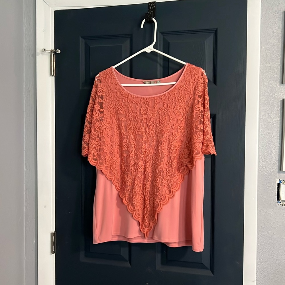 Coral Bay XL Women’s Top. Coral color sleeveless with lace overlay attached.